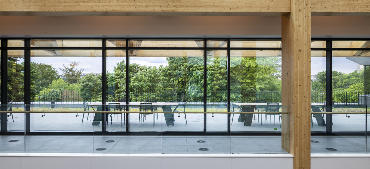 Interior view of the OSSTF Headquarters and multi-tenant building showing the view through bird friendly windows