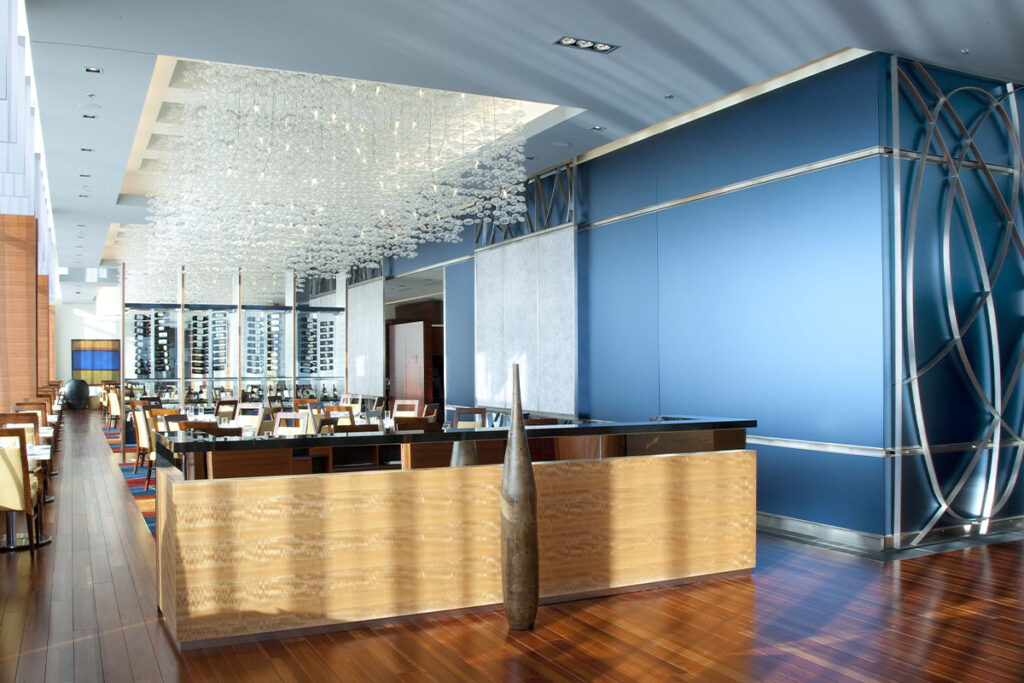 blue acid etched mirror at a Marriott Airport Hotel